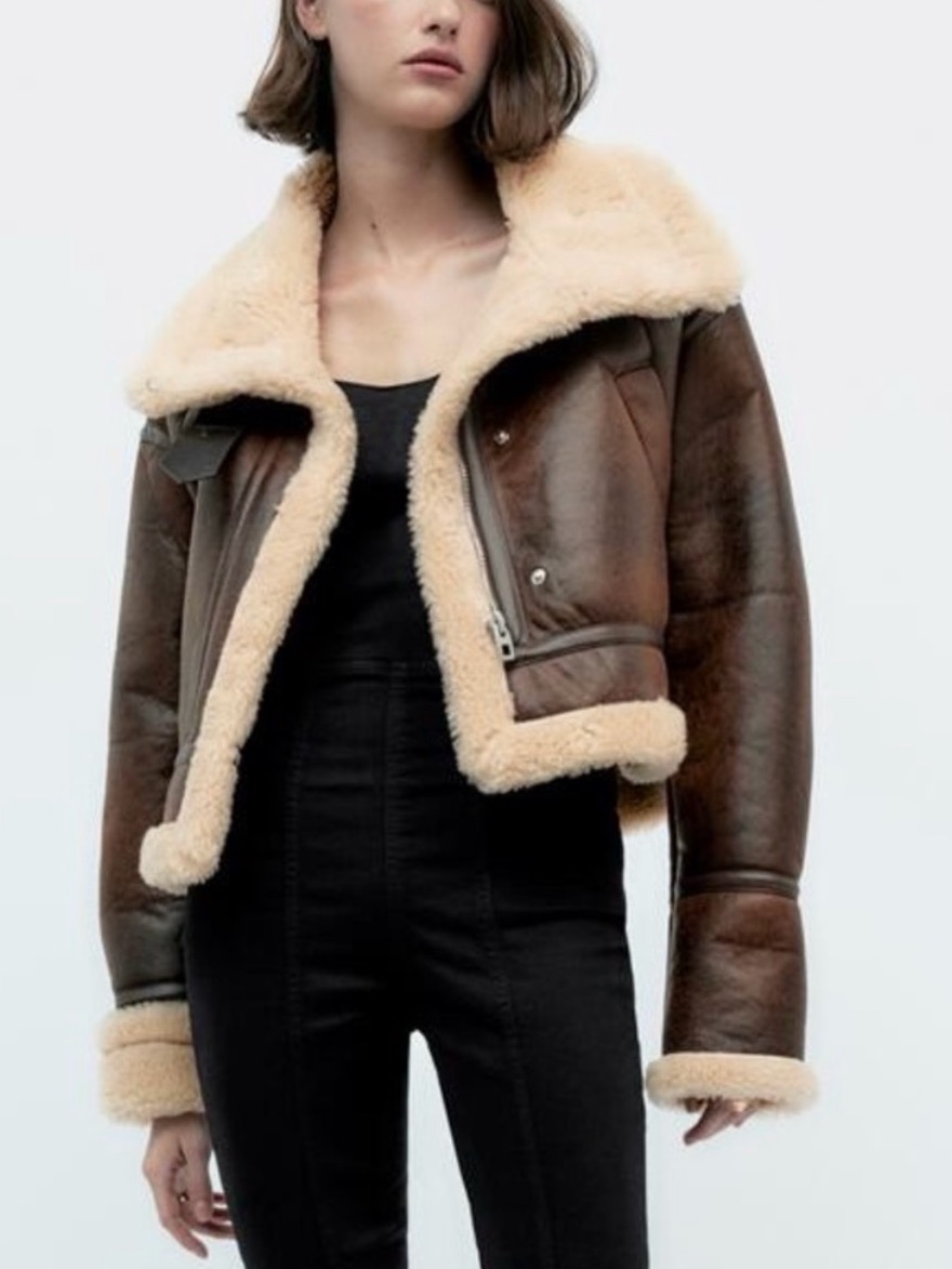 Zara Brown Leather Shearling Jacket With Cream Trim